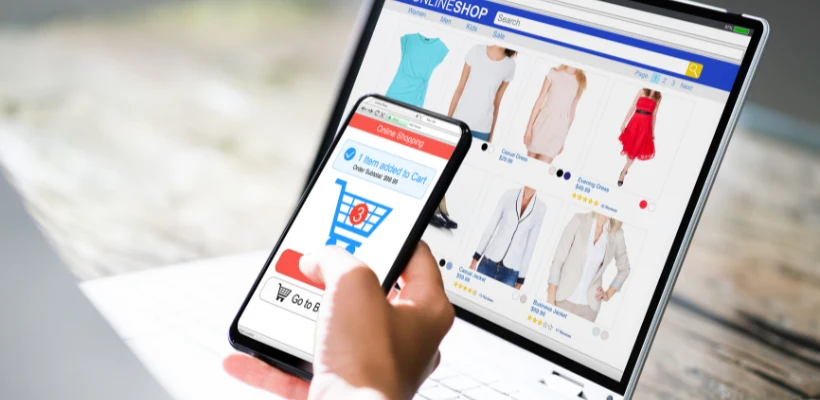 Online shopping illustration showing ecommerce website with shopping cart and product catalog